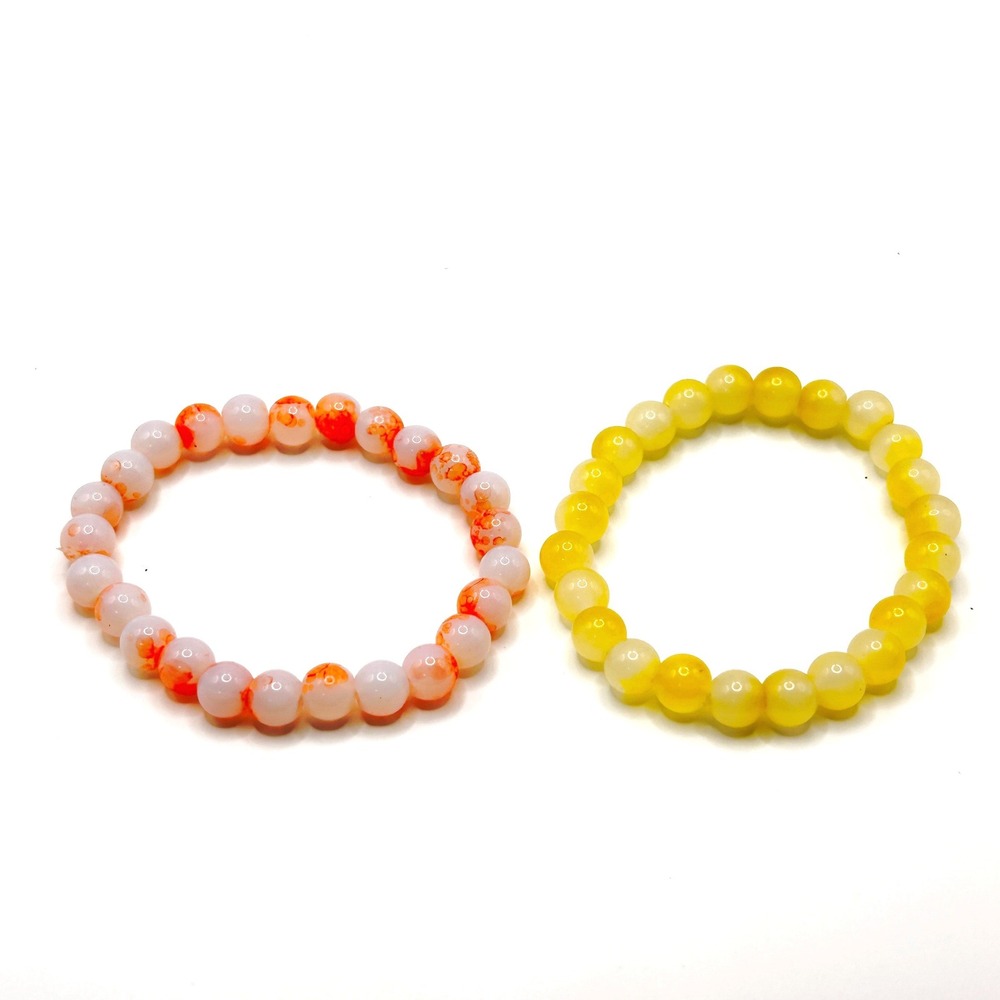 Beaded Stretch Bracelet Set OS Yellow Orange Marbled Round Stones Boho Jewelry